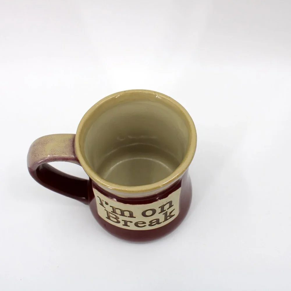 Tumbleweed Pottery Maroon and Tan Drip Glaze Art Pottery I'm On Break Mug 18 oz - Picture 2 of 6
